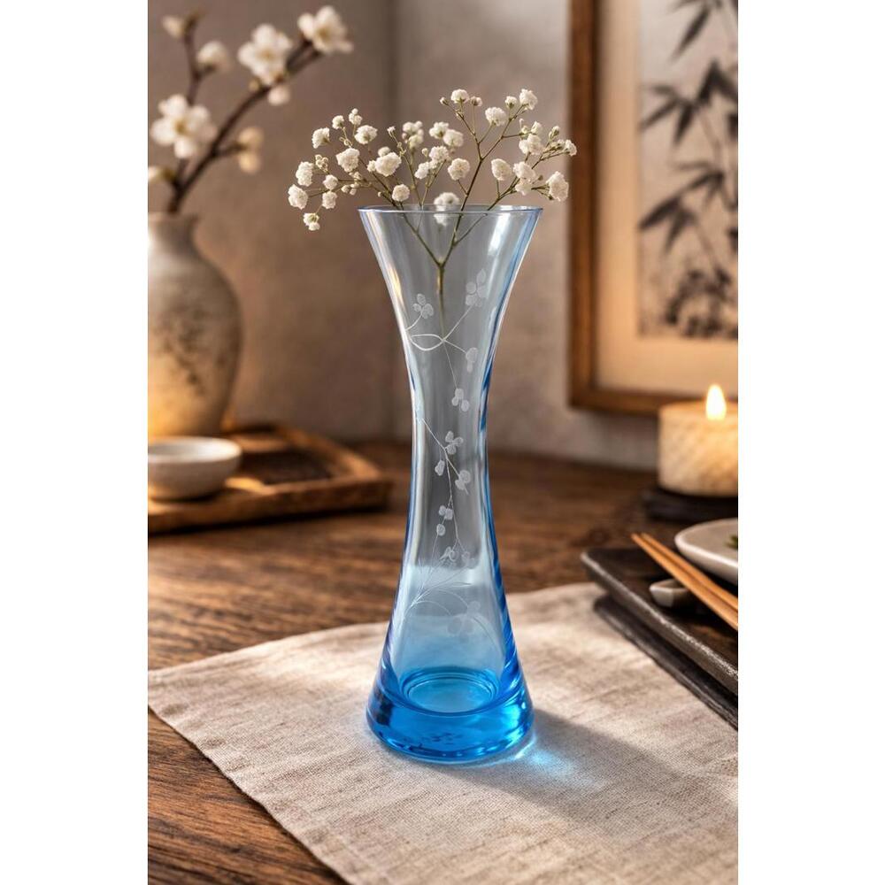 Vintage Blue Floral Etched Glass Vase